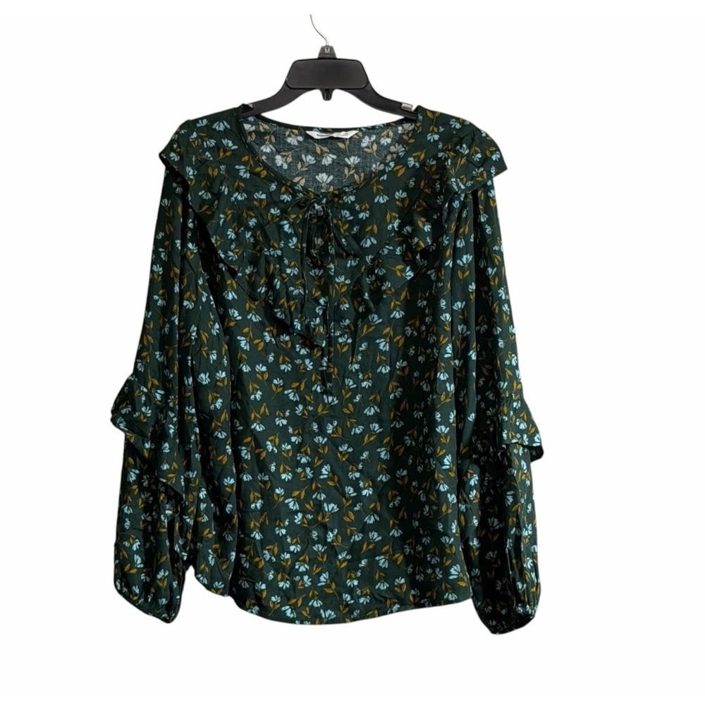 Sonoma Blouse Sz 1X Floral Green Ruffle Long Sleeve Peasant Cottagecore Prairie